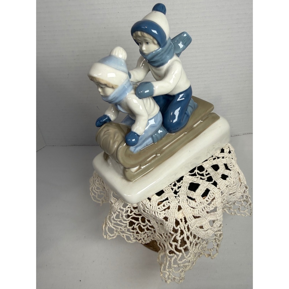 Vintage 1992 Porcelana de Cuernavaca Children on Sled Ceramic Figurine Mexico